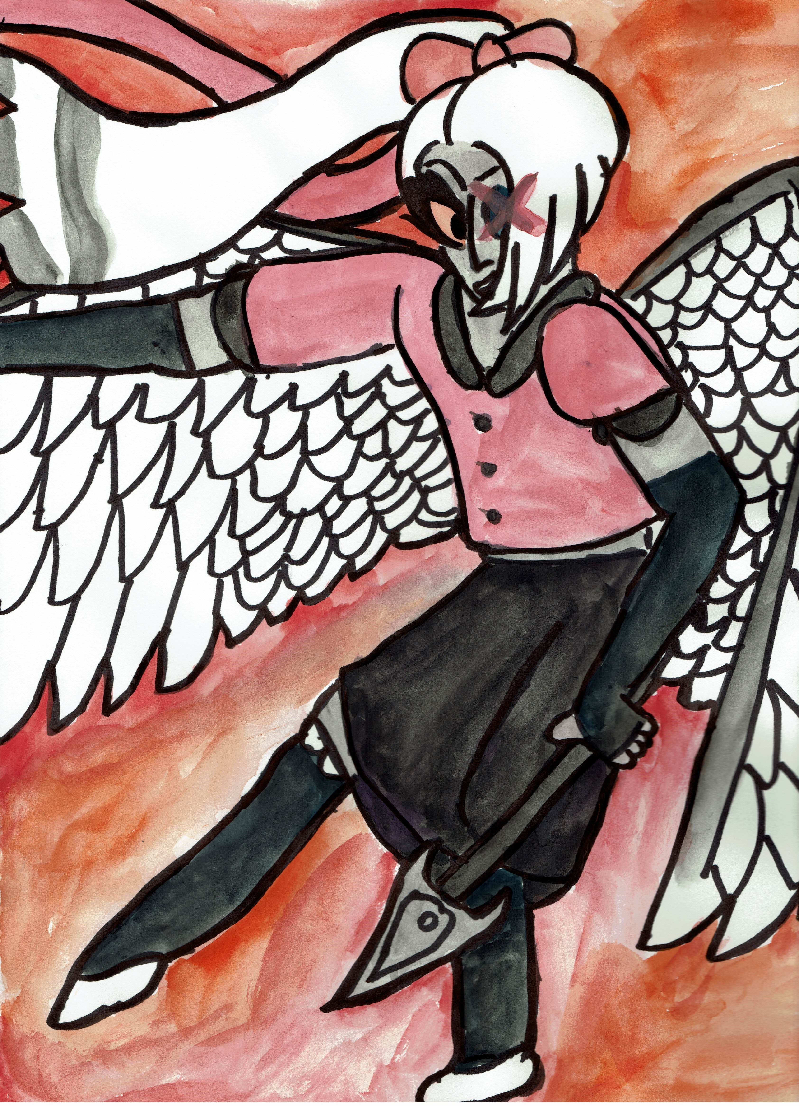 a watercolor and sharpie picture of Vaggie, the character from Hazbin Hotel, mid-flight in a battle pose with her spear. I love badass women and also her face shape and hair and nose shape remind me of my partner <3.